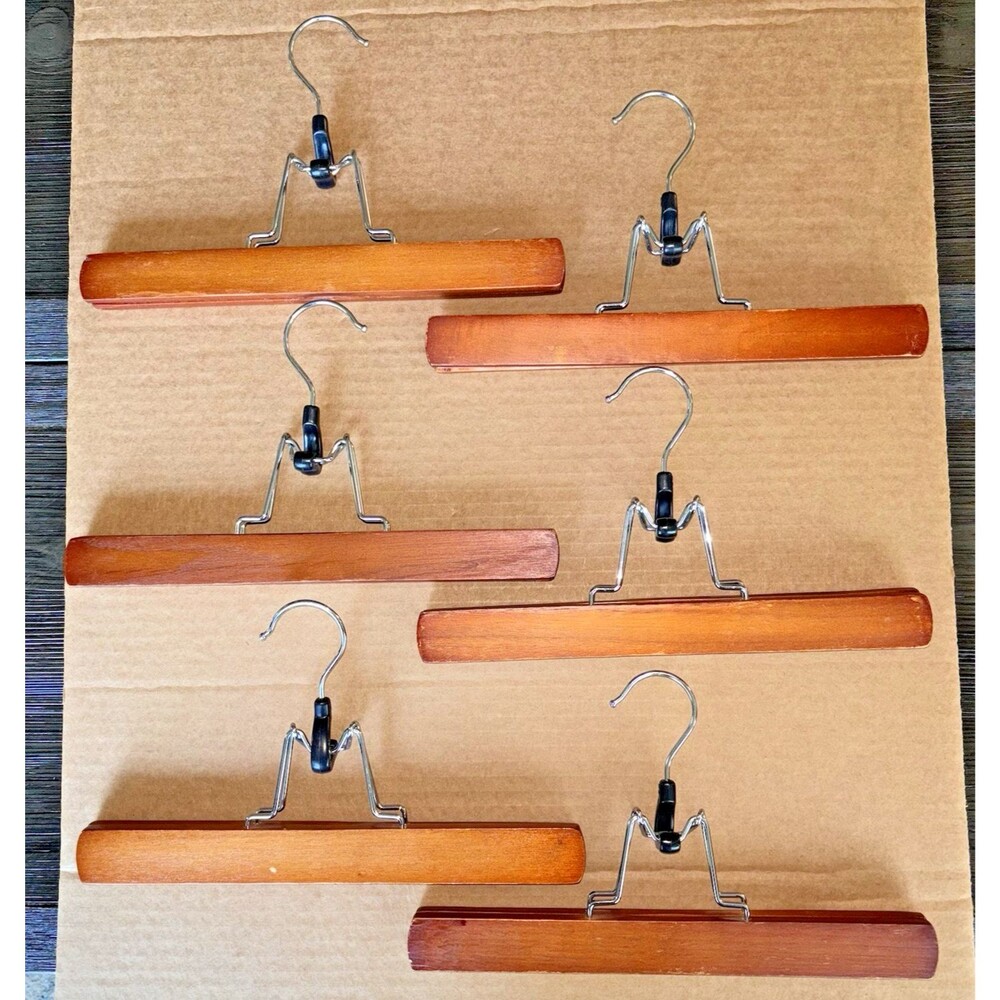Wooden Hangers Clamp Lot of 6 Lined Pants Dress Skirts Vintage